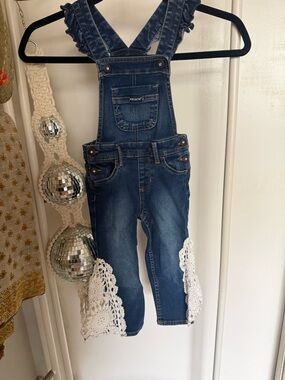 Denim Blue Kids Overalls with White Crochet Trim